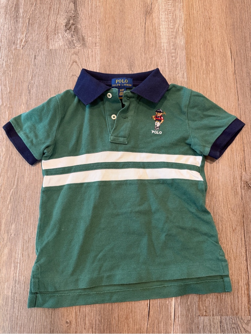 Polo Ralph Lauren Boys 3T Polo Bear Green Striped Rugby Polo Shirt